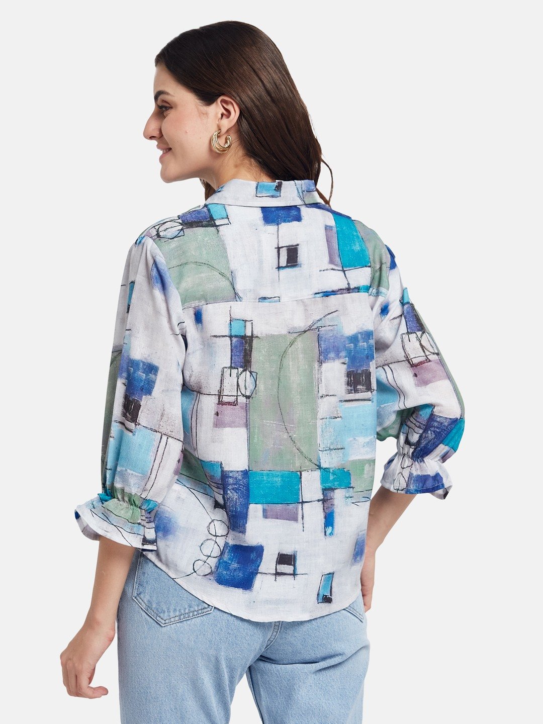 METTLE SS25 Geometric Printed Spread Collar Cotton Casual Shirt