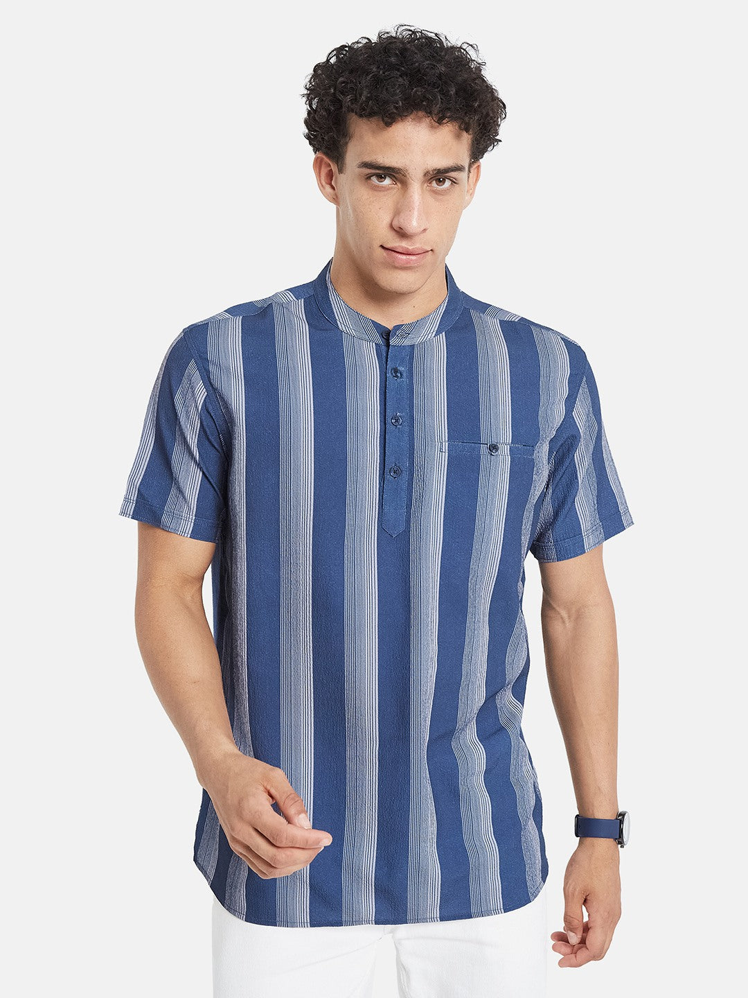 METTLE Men Striped Mandarin Collar Cotton T-shirt