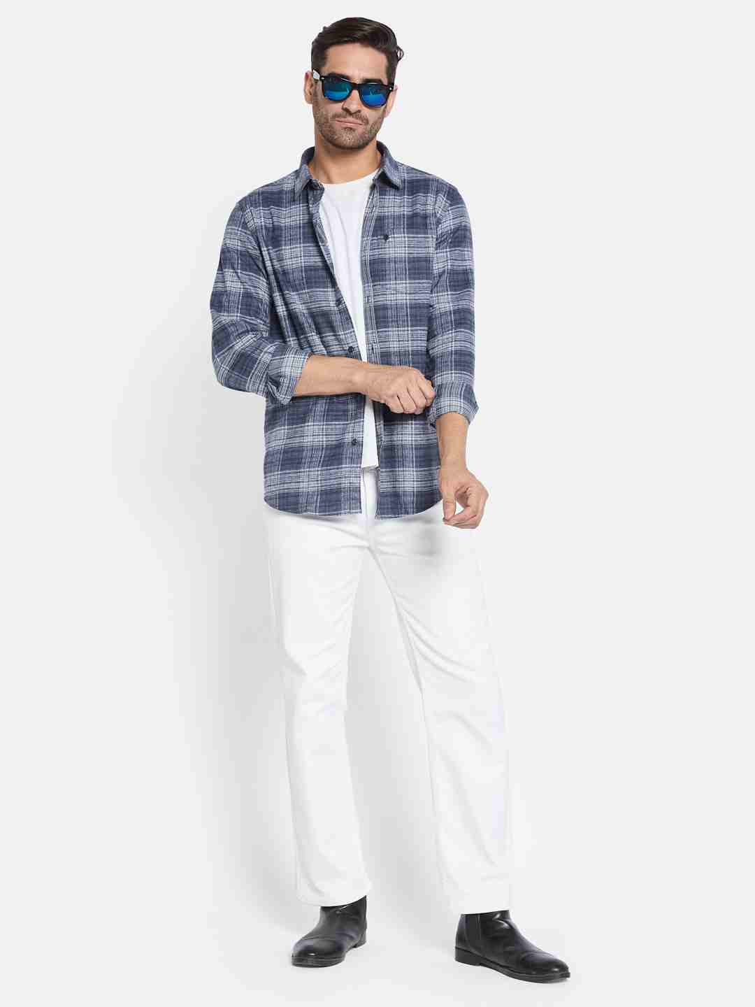 METTLE Men Spread Collar Checked Cotton Casual Shirt