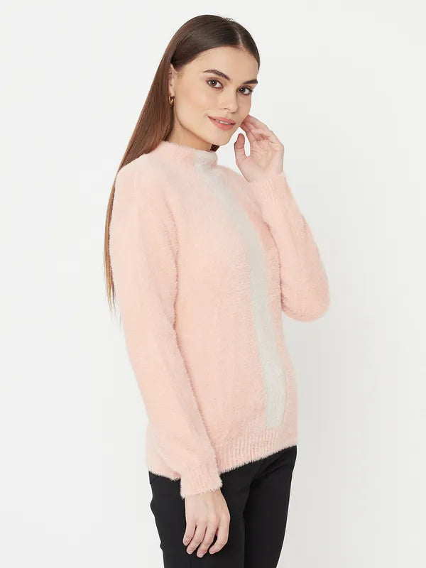 Pink White Colourblocked Fur Full Sleeve Pullover Sweater