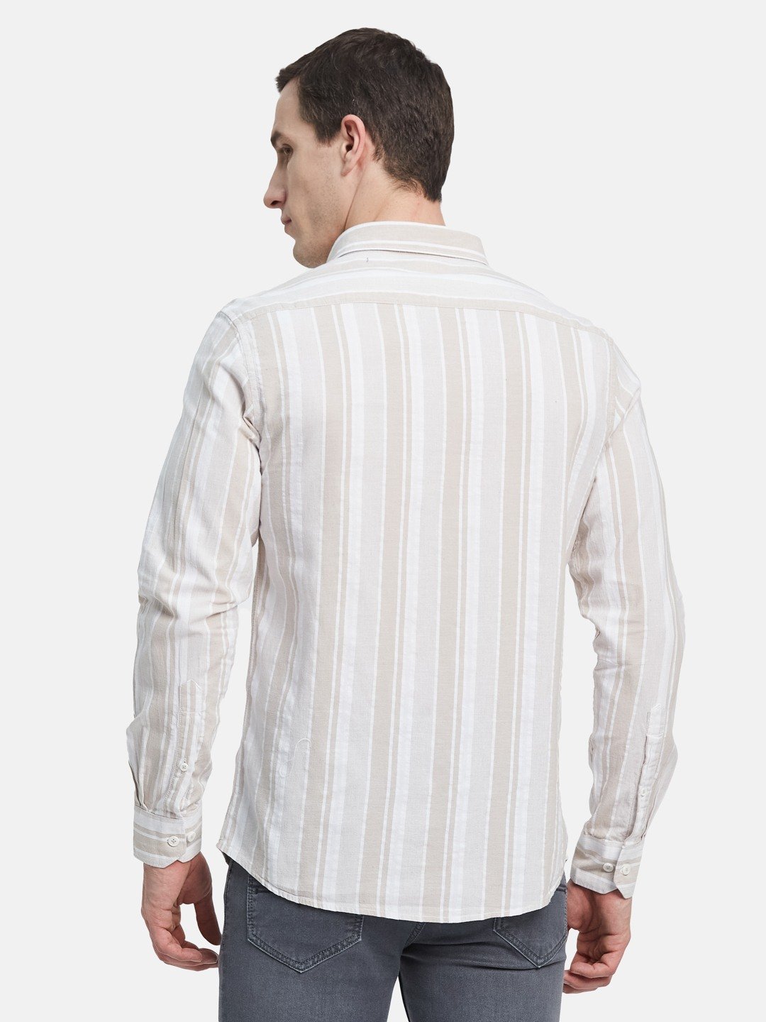 METTLE Men Spread Collar Vertical Striped Cotton Casual Shirt