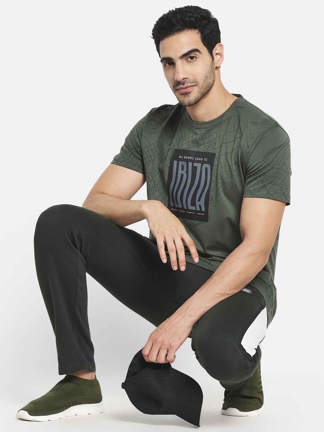 Octave Men Olive Green  Goblin Blue Typography Printed Raw Edge T-Shirt