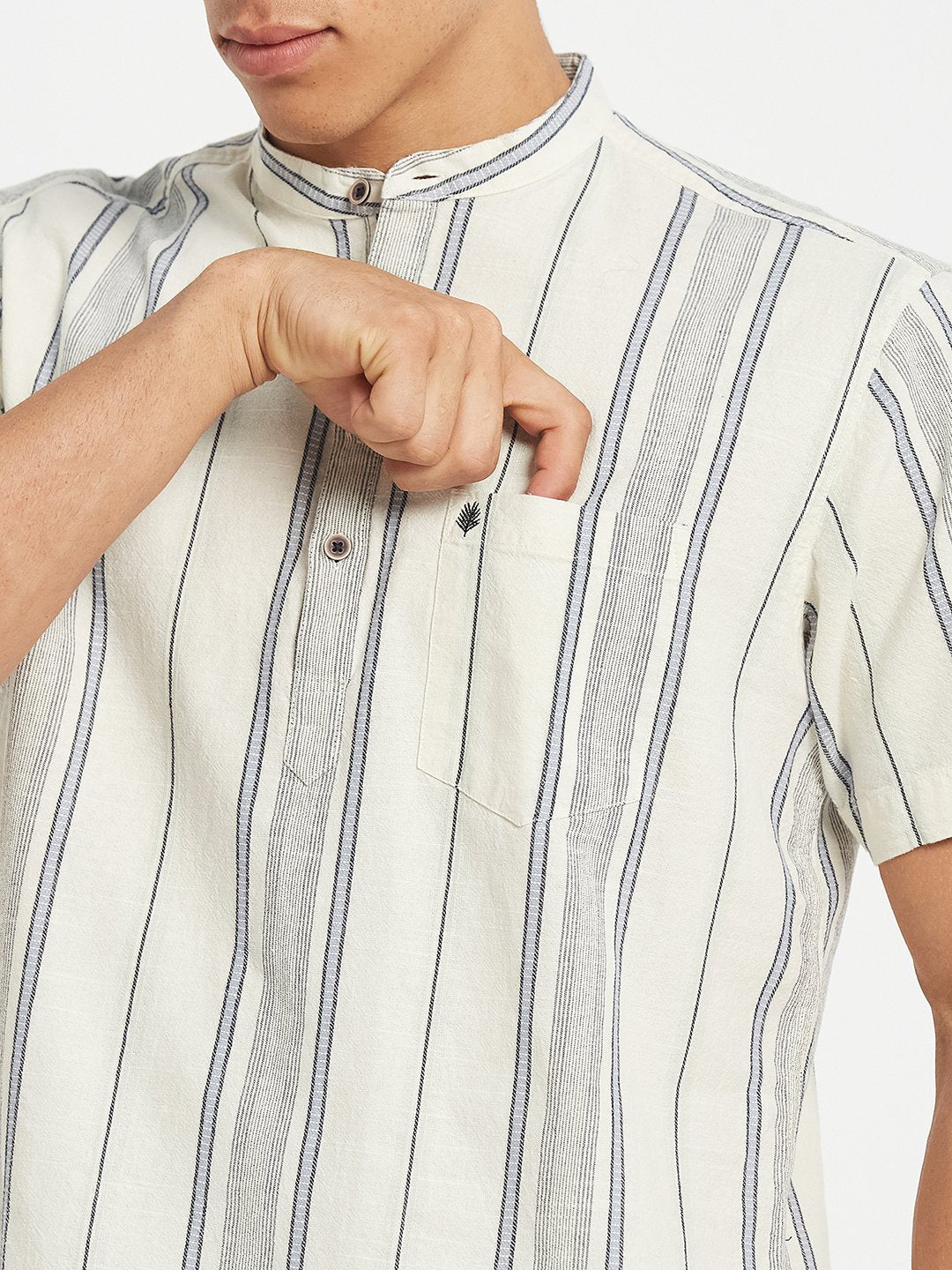 METTLE SS25 Striped Cotton Mandarin Collar Casual Shirt