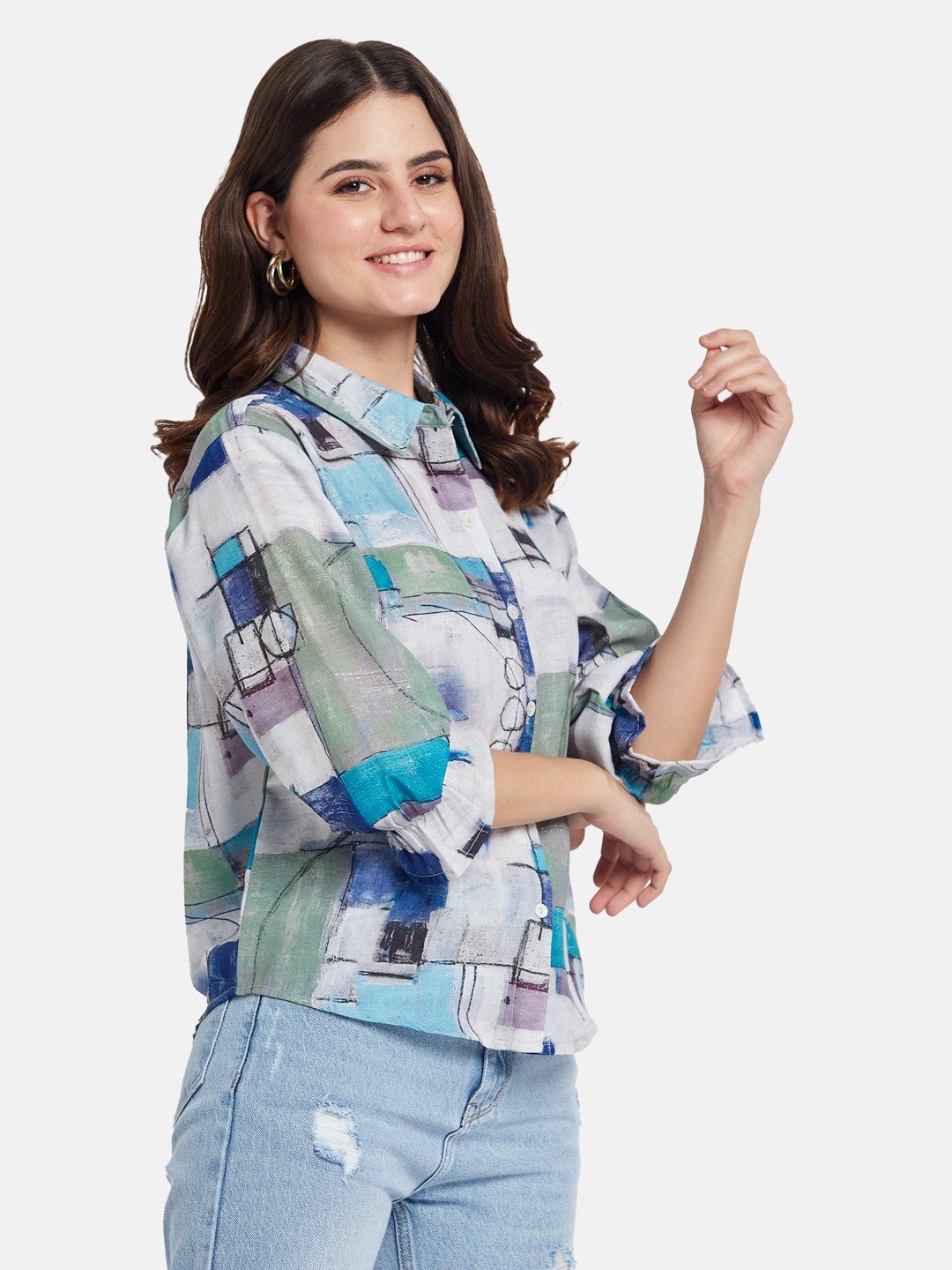 METTLE SS25 Geometric Printed Spread Collar Cotton Casual Shirt
