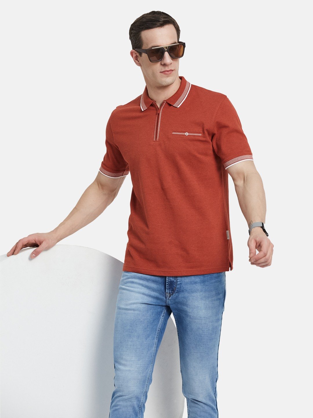 SOLID HALF-ZIP POLO NECK POPCORN KNIT T-SHIRT