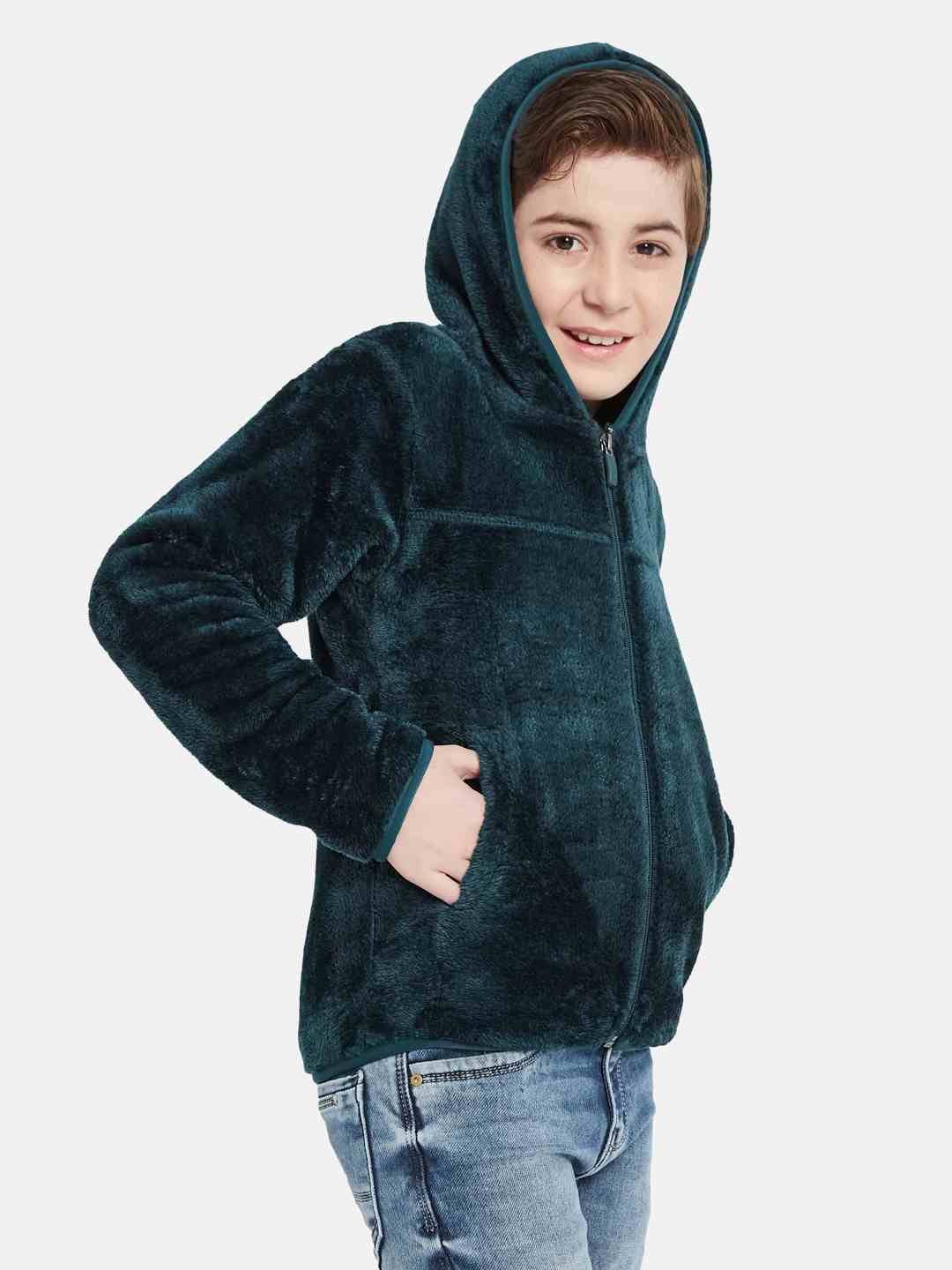 Octave Boys Self Design Front Open Fleece Hooded Sweatshirt