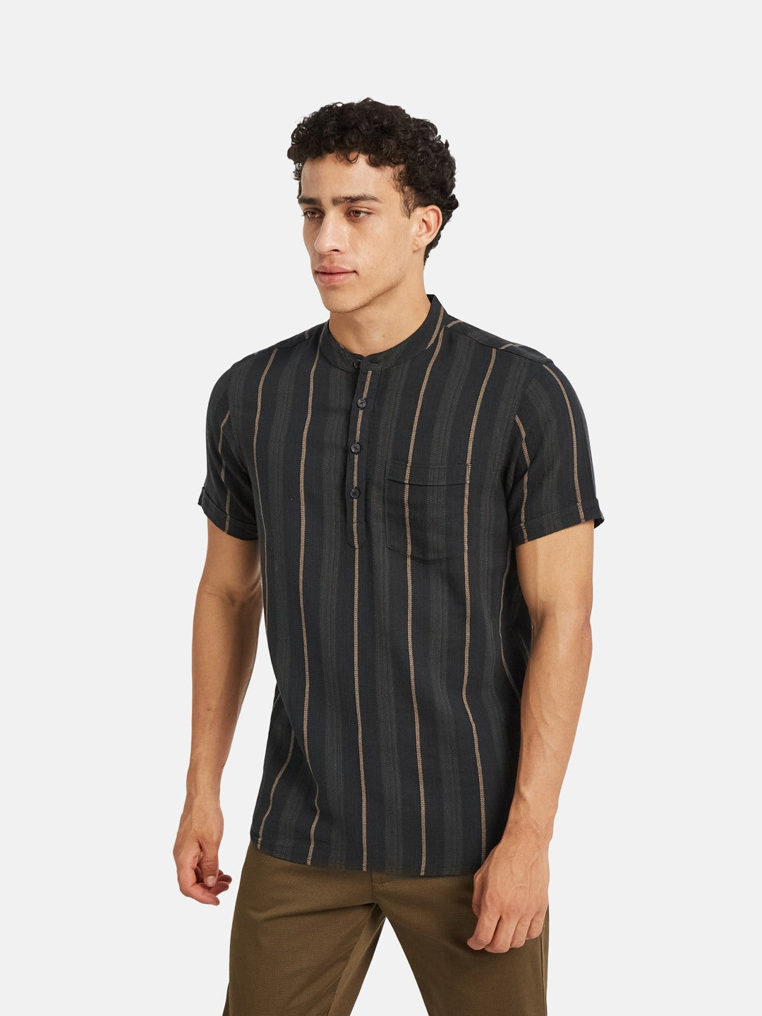 METTLE Men Striped Mandarin Collar Cotton T-shirt