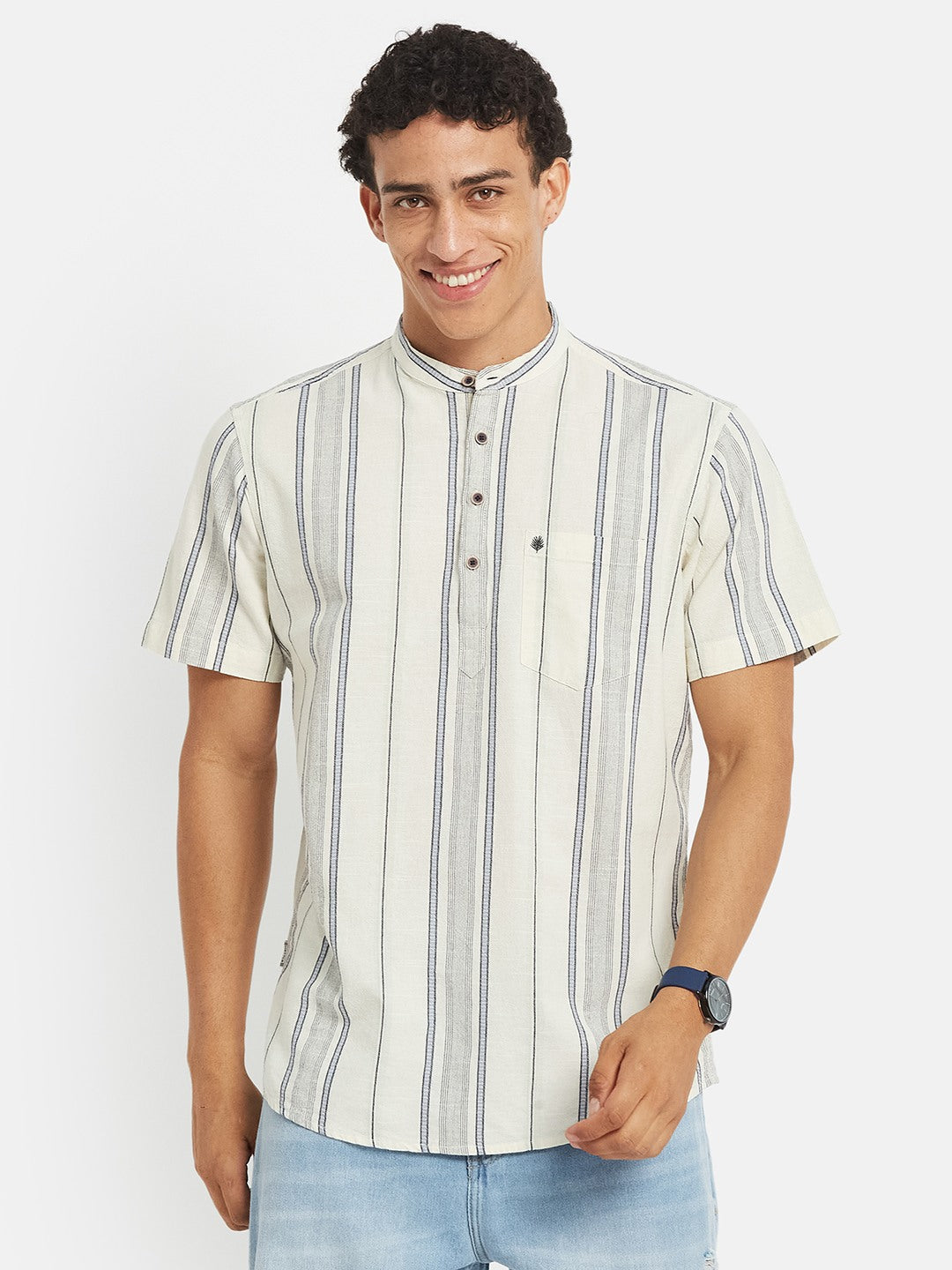 METTLE SS25 Striped Cotton Mandarin Collar Casual Shirt