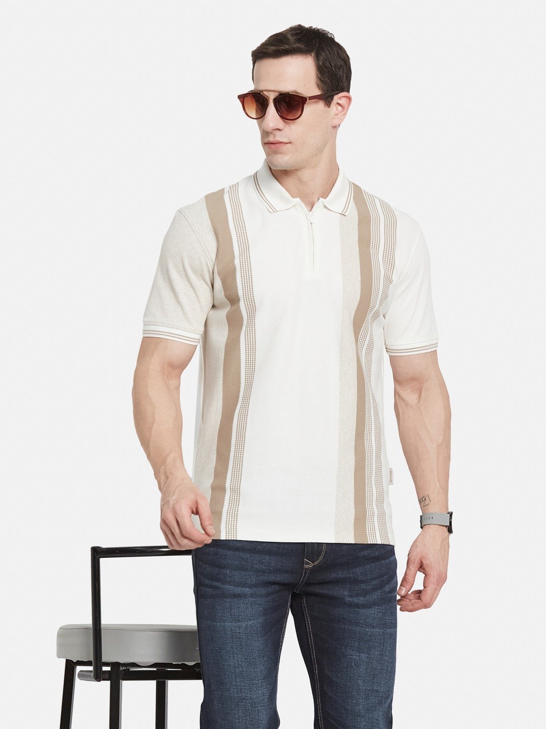 VERTICAL STRIPE HALF-ZIP POLO NECK POPCORN KNIT LYCRA T-SHIRT