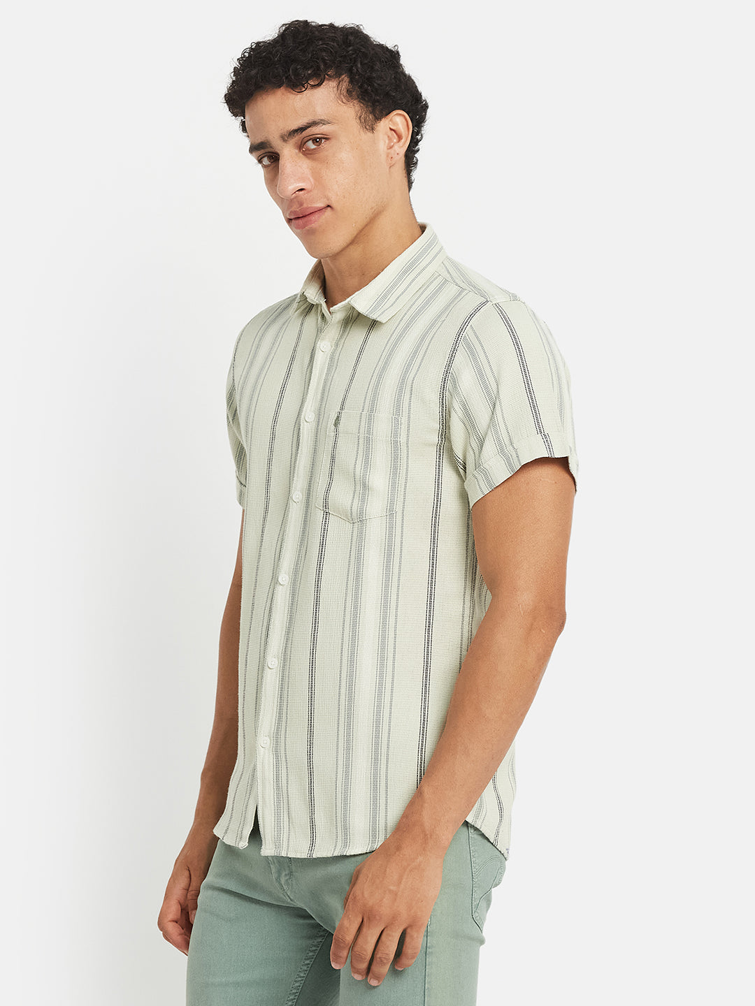 METTLE SS25 Striped Cotton Spread Collar Casual Shirt