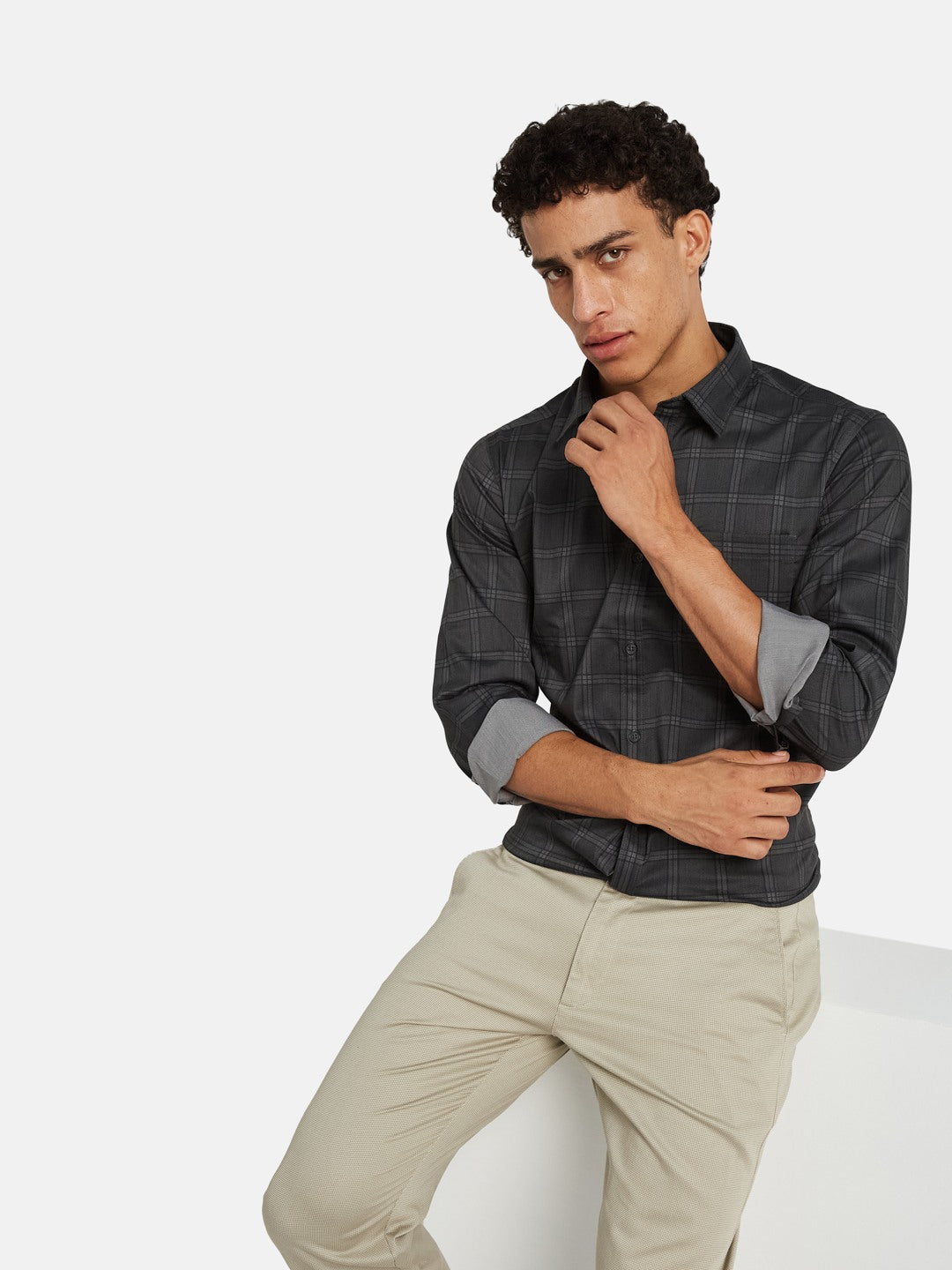 METTLE Men Checked Spread Collar Cotton Casual Shirt