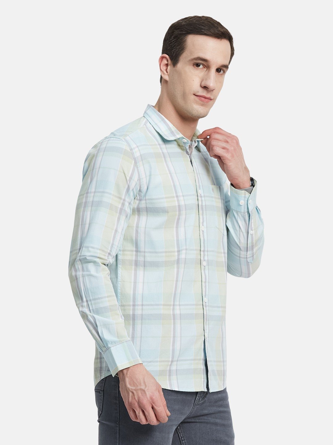 METTLE Men Spread Collar Tartan Checked Cotton Casual Shirt