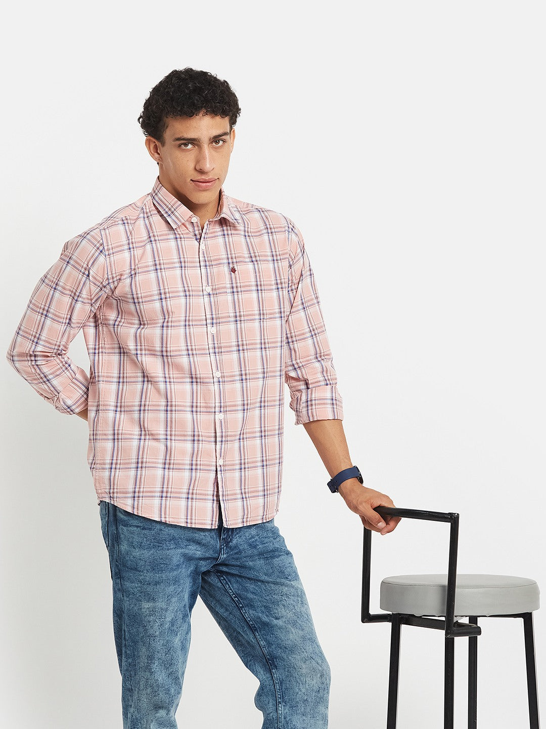 METTLE SS25 Checked Cotton Spread Collar Casual Shirt