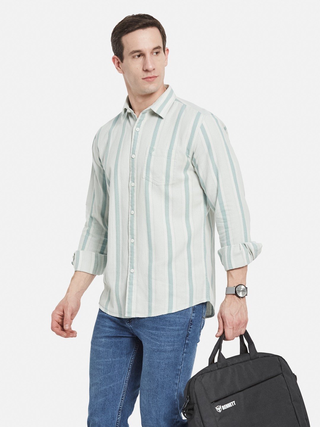 METTLE Men Spread Collar Vertical Striped Cotton Casual Shirt