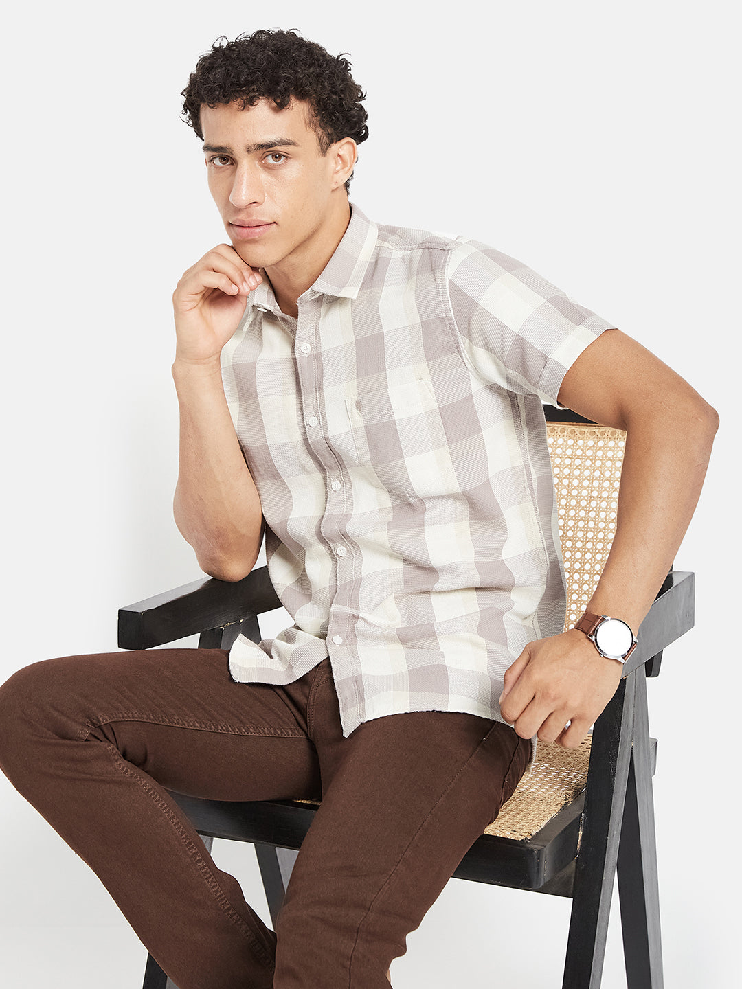 METTLE Men Checked Spread Collar Cotton Casual Shirt