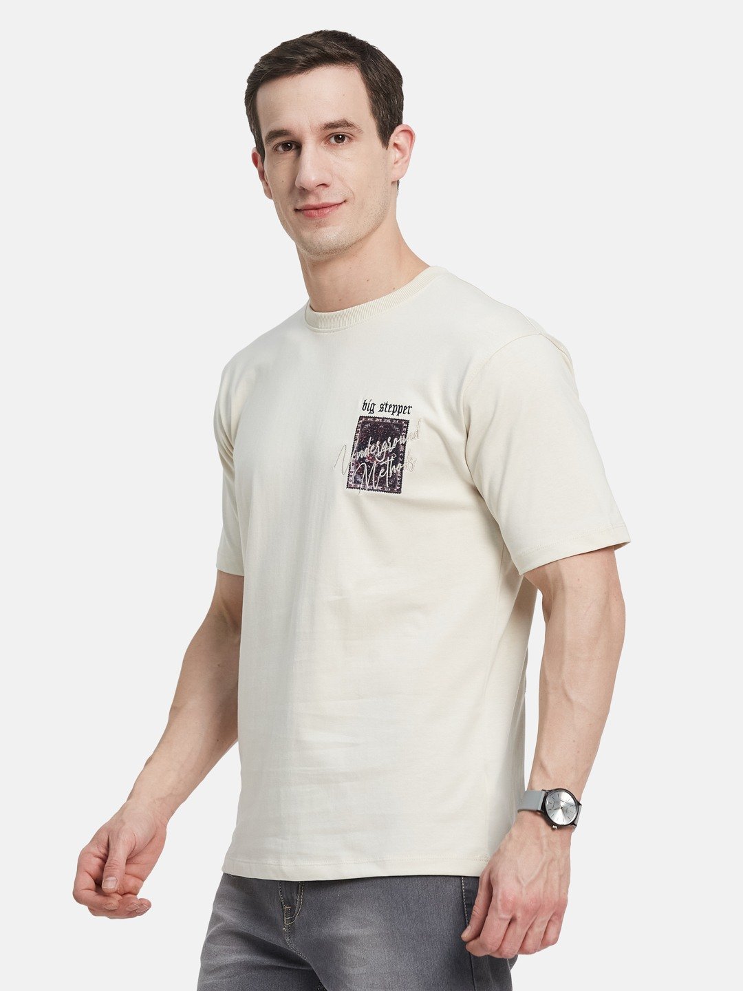 BACK PRINT ROUND NECK SINGLE JERSEY KNIT T-SHIRT