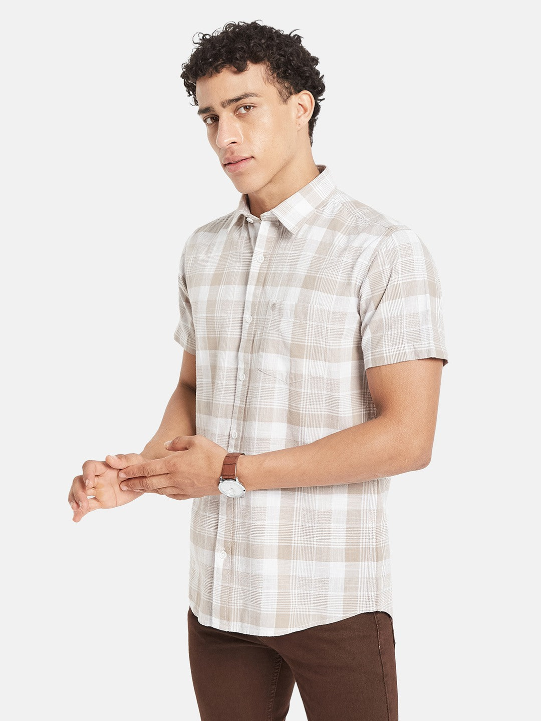 METTLE Men Tartan Checked Spread Collar Cotton Casual Shirt