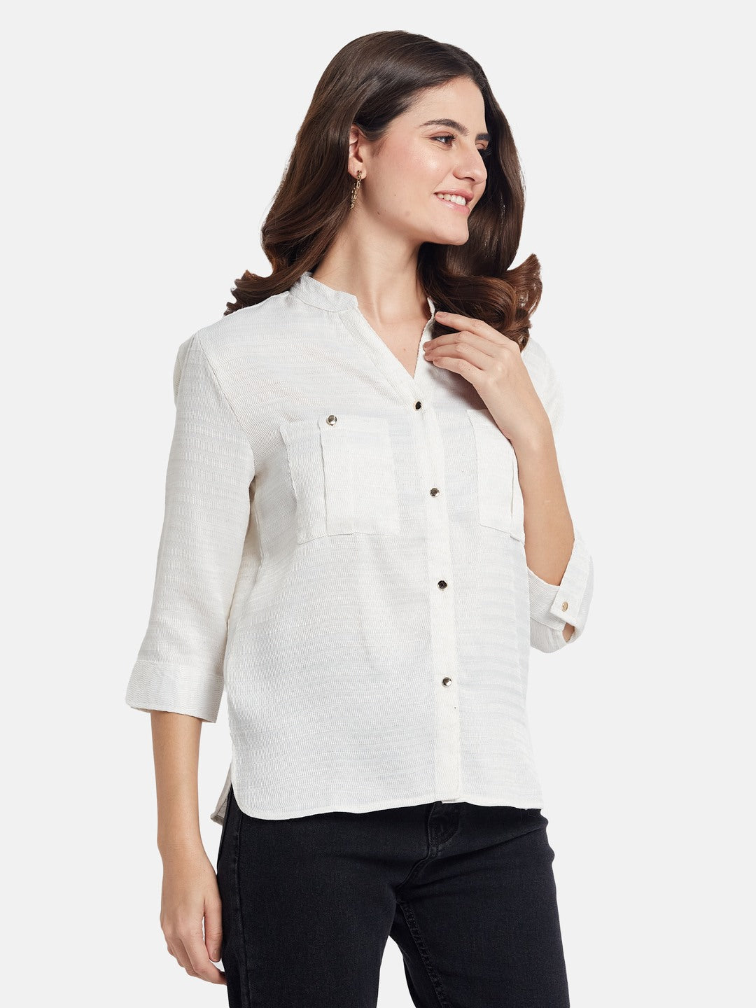 METTLE Women Solid Mandarin Collar Cotton Casual Shirt