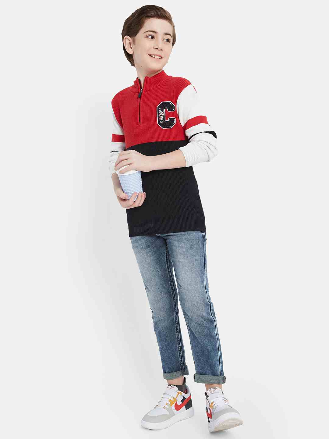 Octave Boys Colourblocked Mock Collar Cotton Pullover Sweater