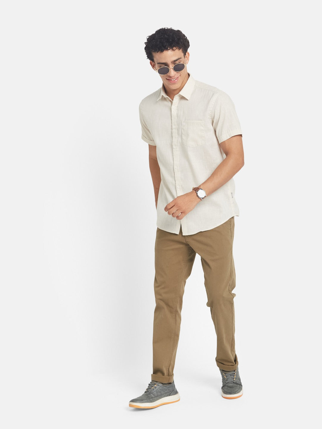 METTLE Men Solid Spread Collar Cotton Casual Shirt