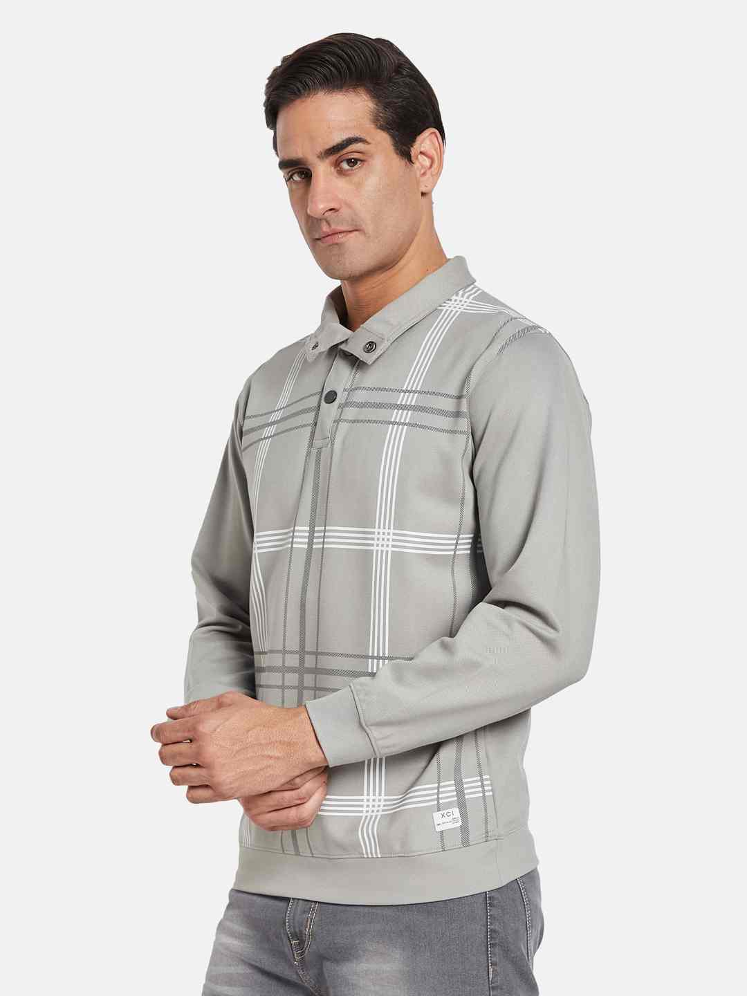 Octave Men Striped Shirt Collar Pullover Sweatshirt