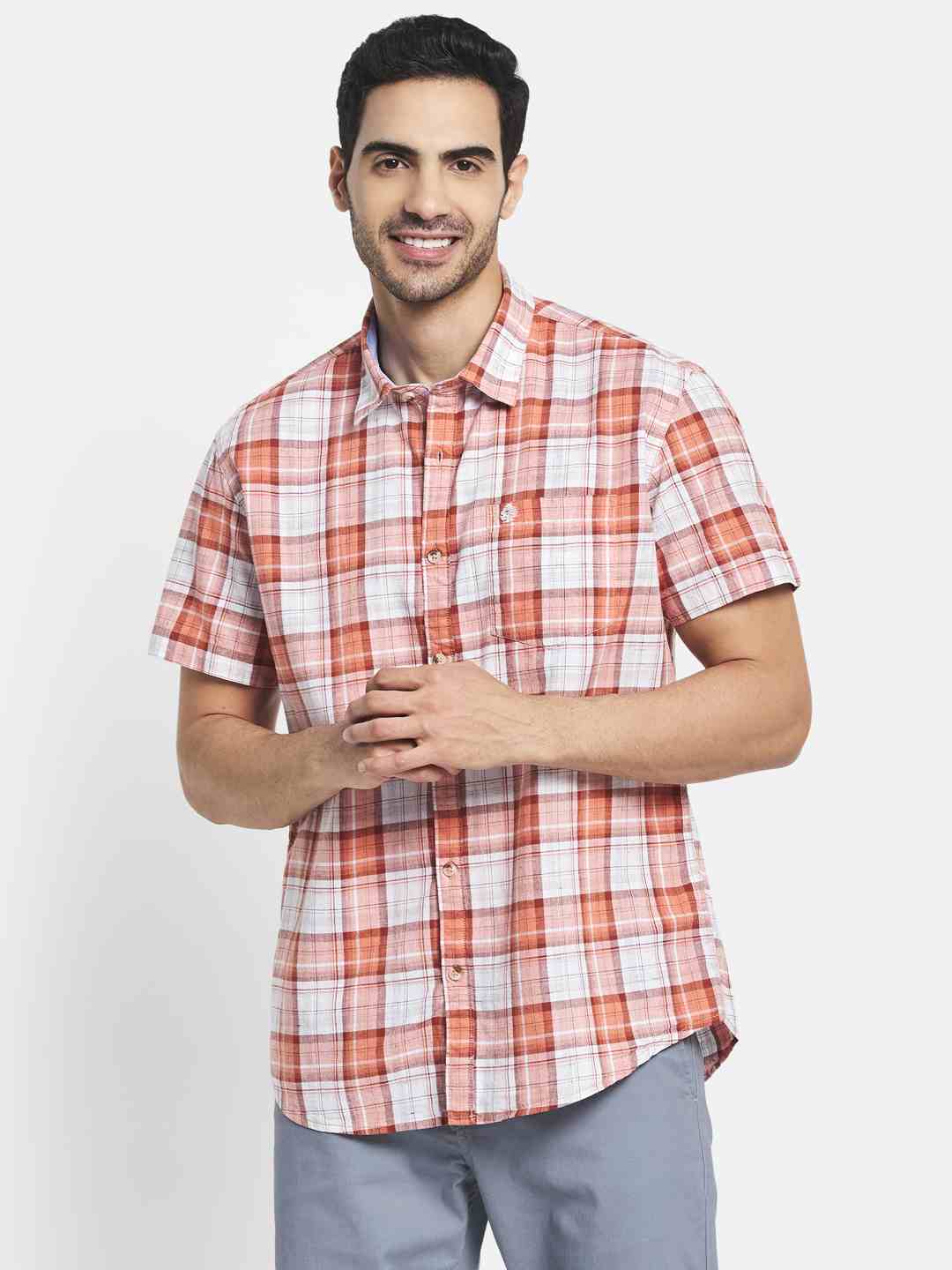 Men Orange Tartan Checks Checked Casual Shirt