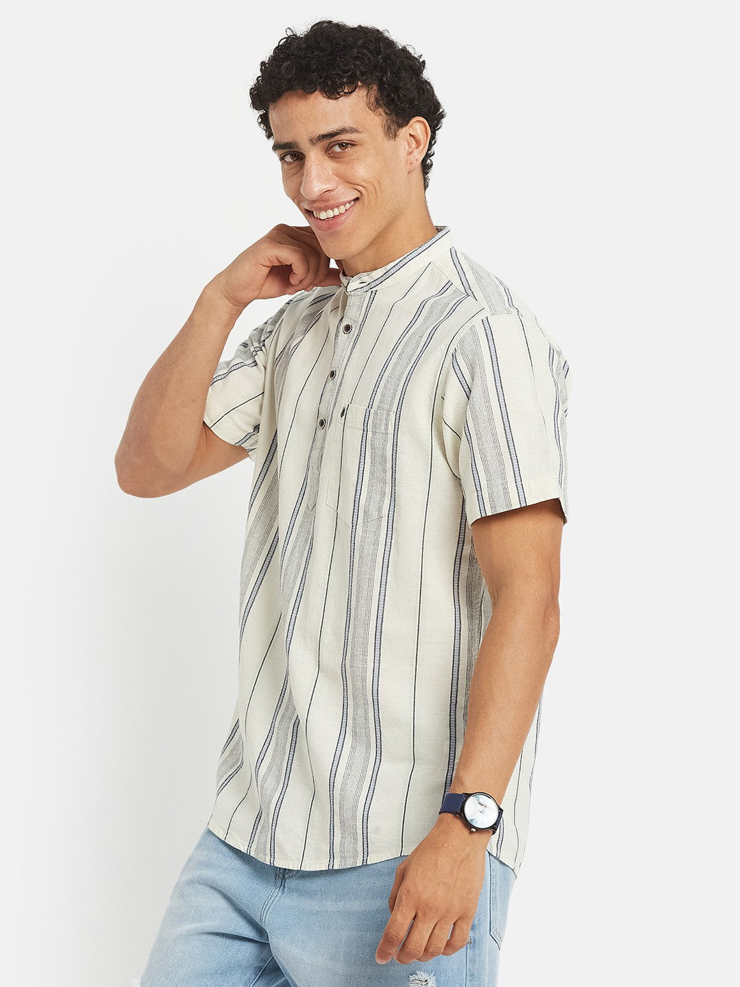 METTLE SS25 Striped Cotton Mandarin Collar Casual Shirt