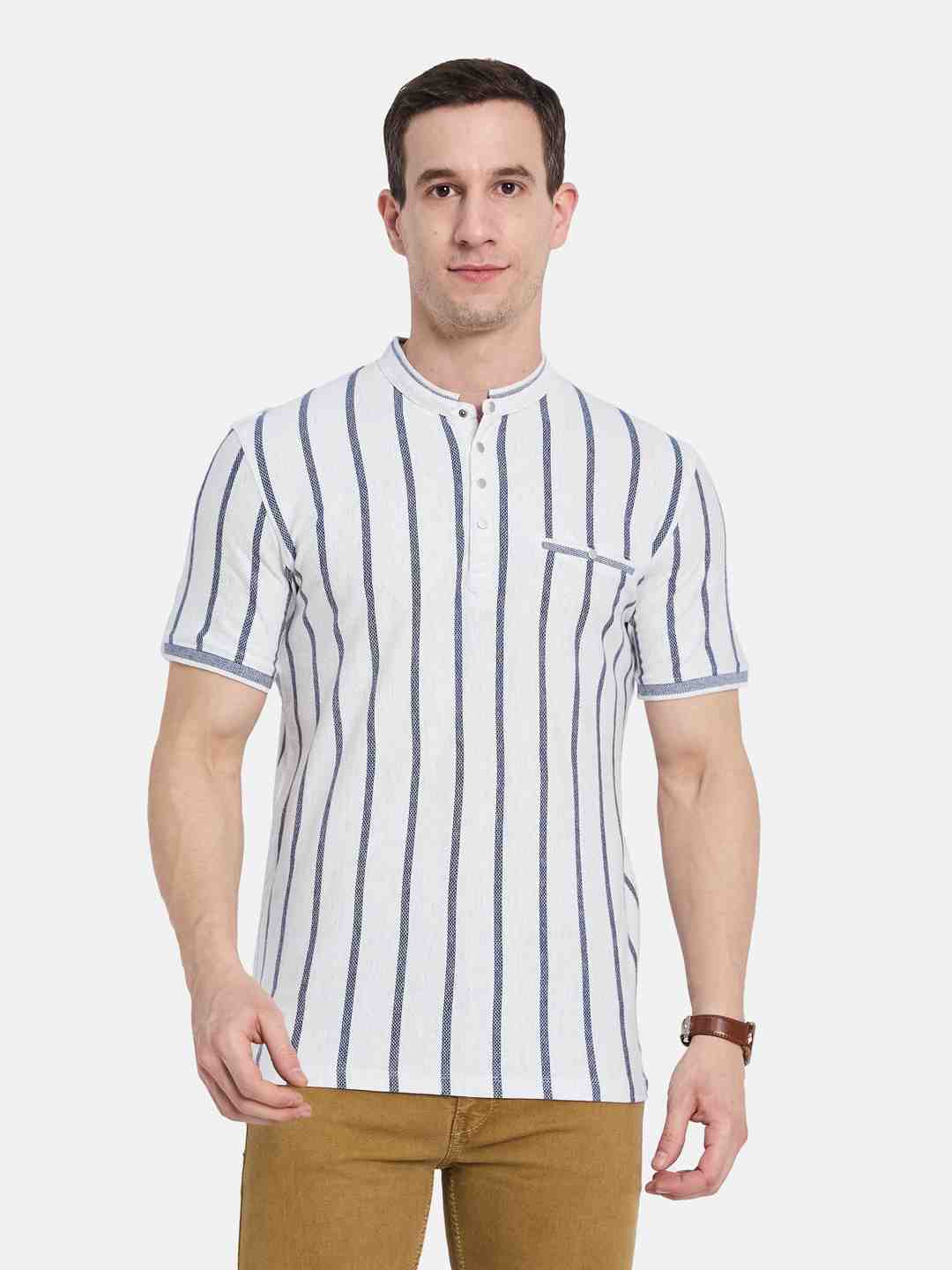 Octave Men Striped Mandarin Collar T-shirt