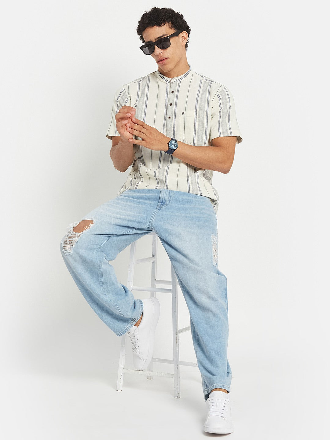 METTLE SS25 Striped Cotton Mandarin Collar Casual Shirt