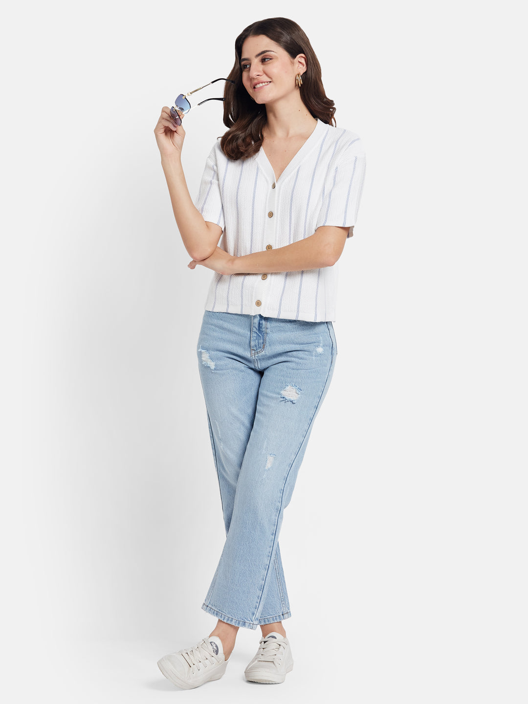 METTLE Striped V-Neck Cotton T-shirt