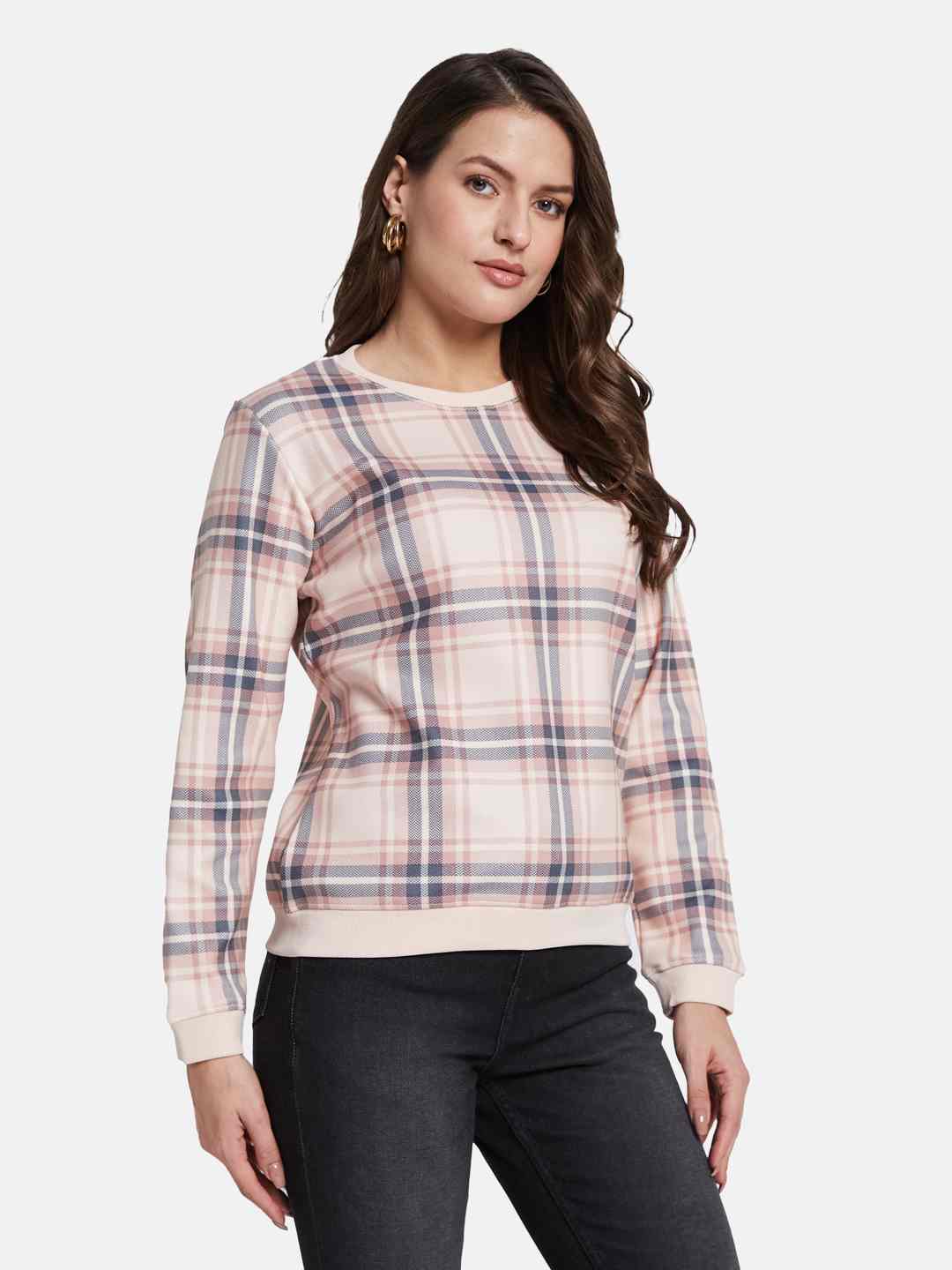 METTLE Women Checked Round Neck Long Sleeves Sweatshirt