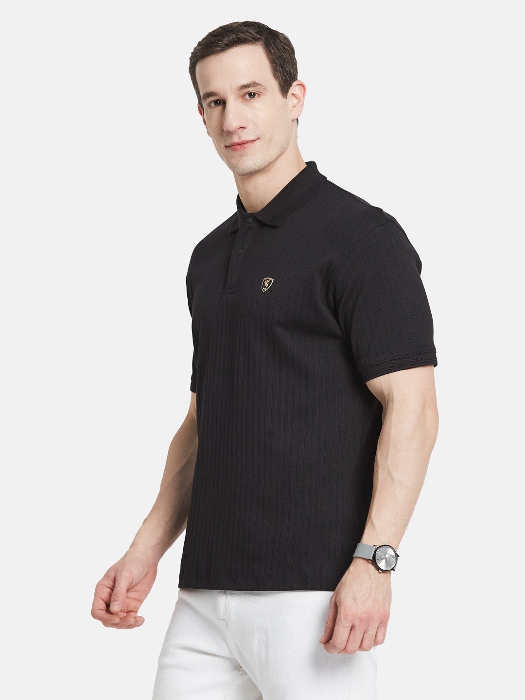 VERTICAL STRIPE POLO NECK RIB STRUCTURE T-SHIRT