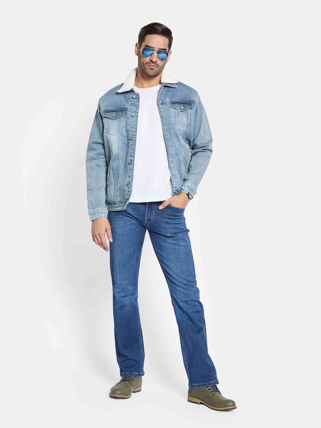 METTLE Men Spread Collar Washed Solid Cotton Casual Denim Jacket