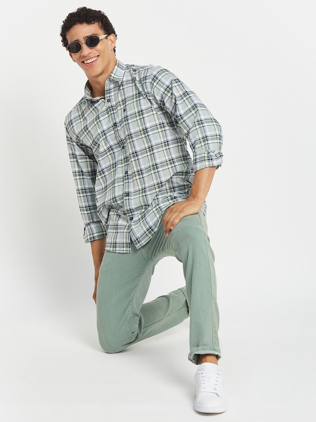 METTLE Men Tartan Checked Spread Collar Cotton Casual Shirt