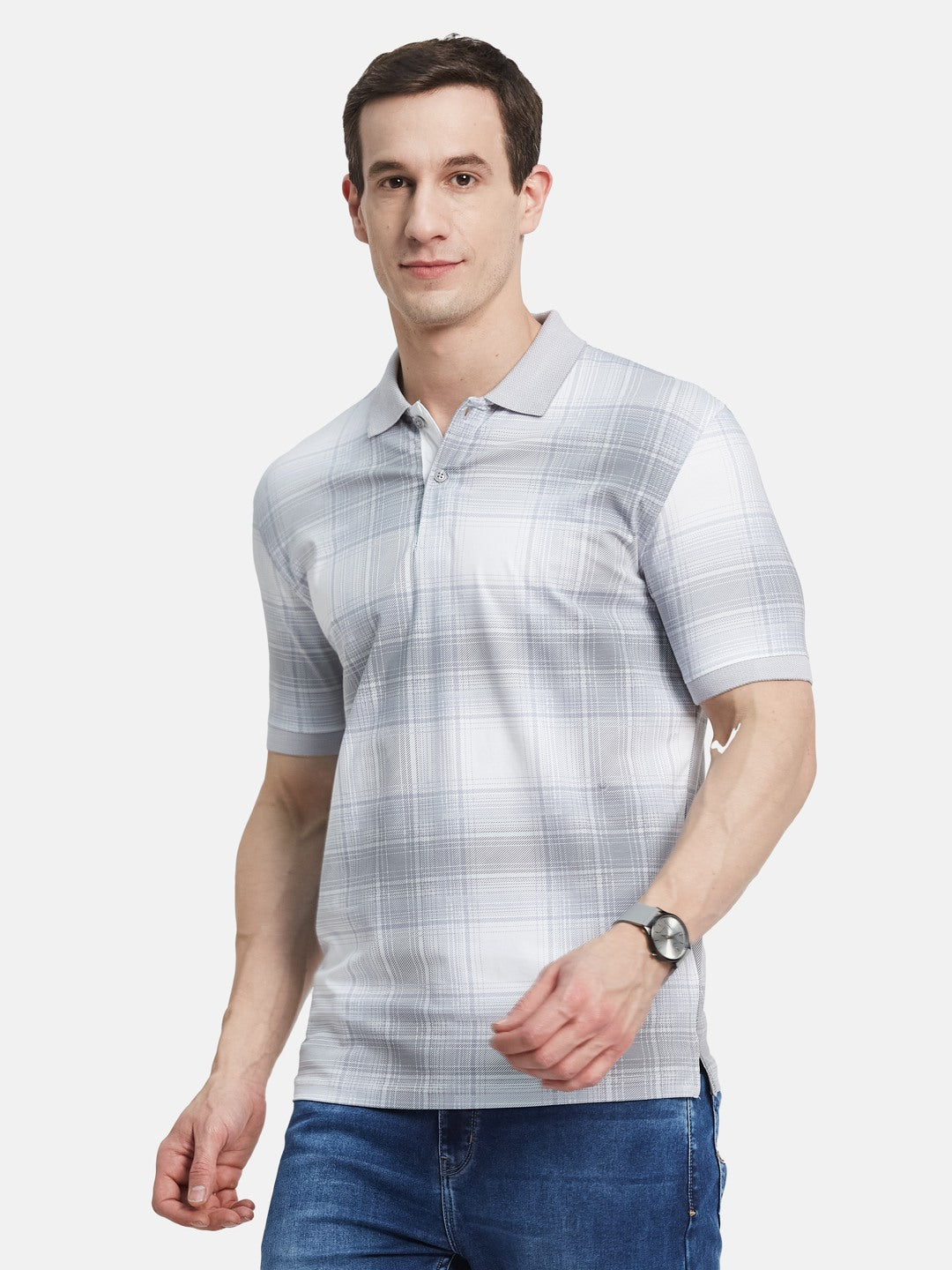 AOP CHECK PRINT POLO NECK SINGLE JERSEY KNIT T-SHIRT