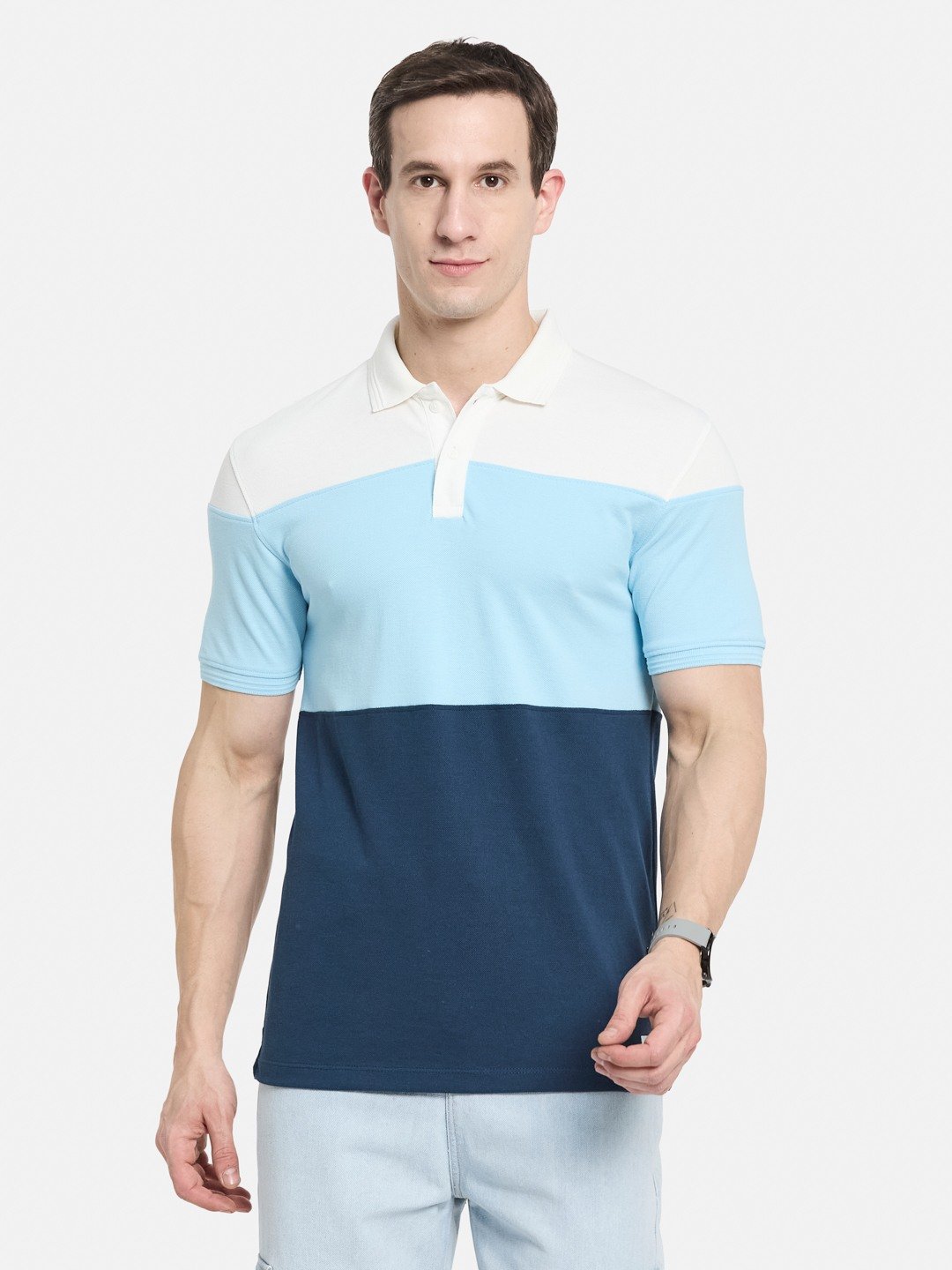 COLOUR BLOCT CUT N SEW POLO NECK PIQUE T-SHIRT
