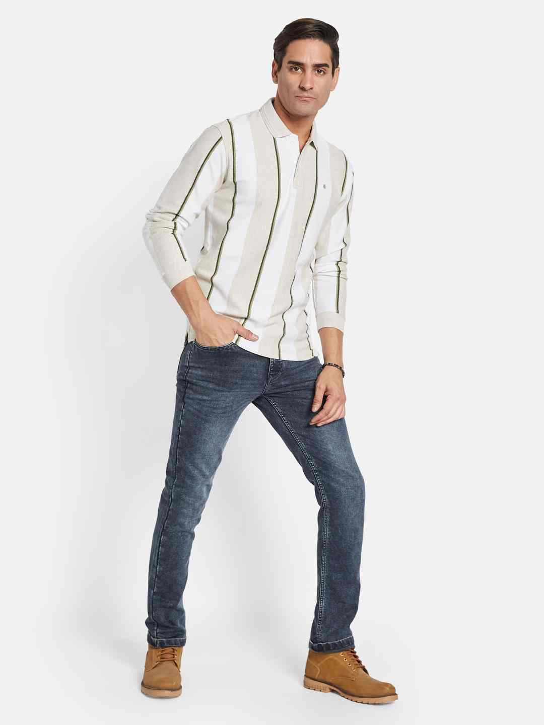 METTLE Men Striped Polo Collar T-shirt