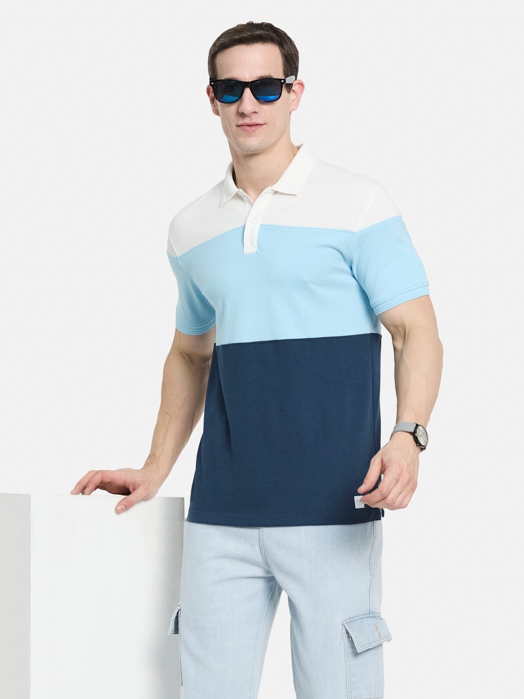 COLOUR BLOCT CUT N SEW POLO NECK PIQUE T-SHIRT