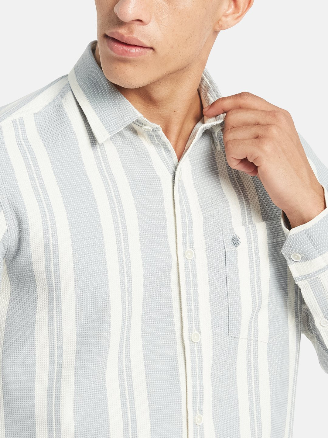 METTLE SS25 Stripped Printed Spread Collar Cotton Shirt