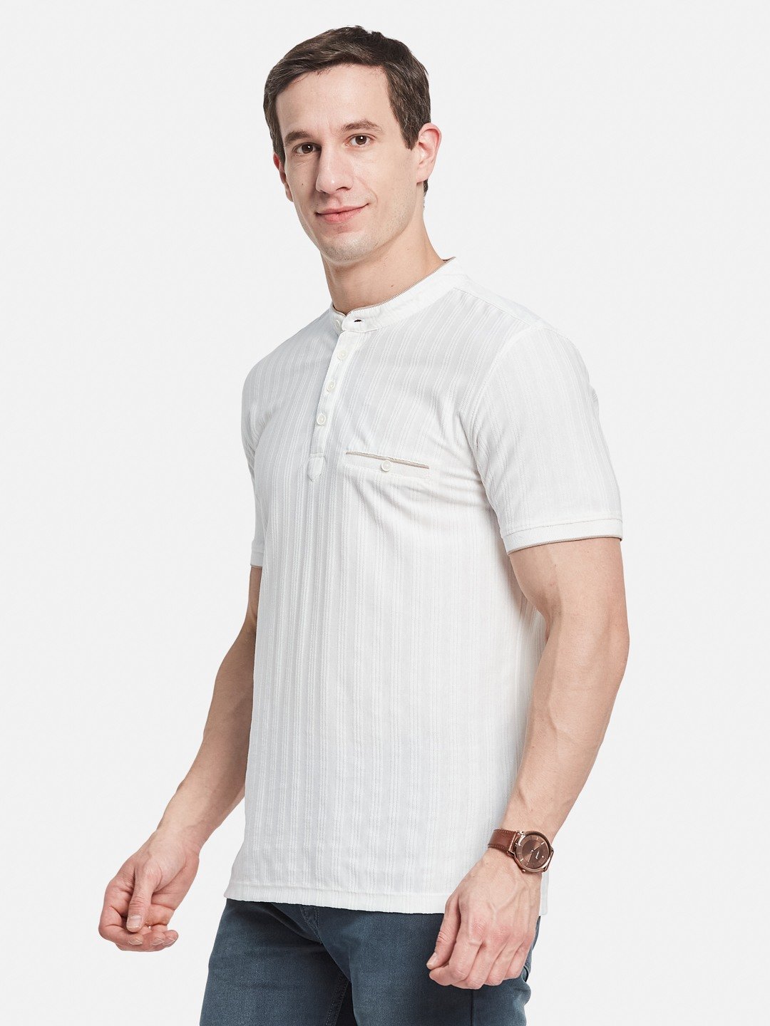 Octave Men Striped Mandarin Collar Monochrome T-shirt