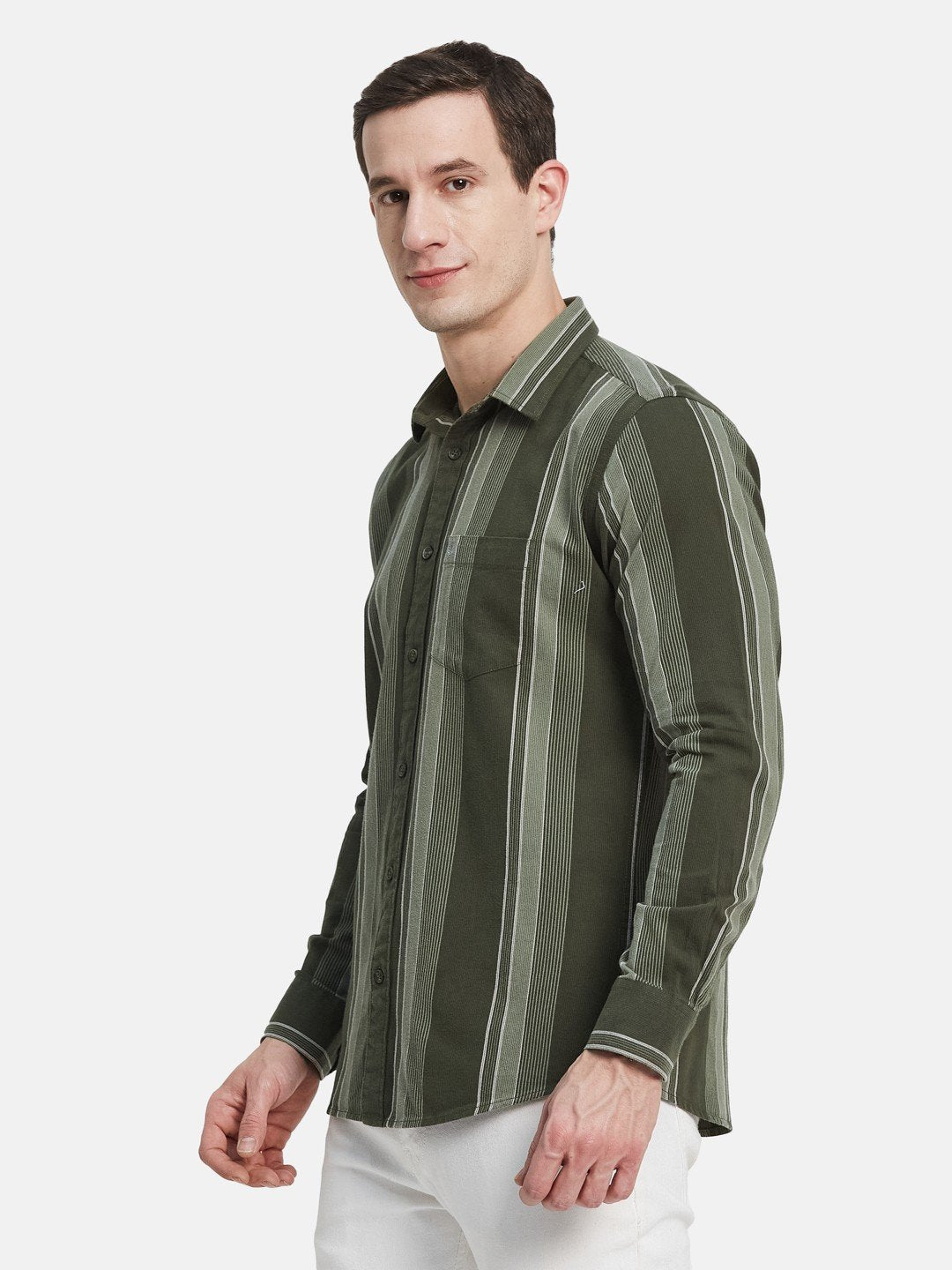 METTLE Men Spread Collar Vertical Striped Cotton Casual Shirt