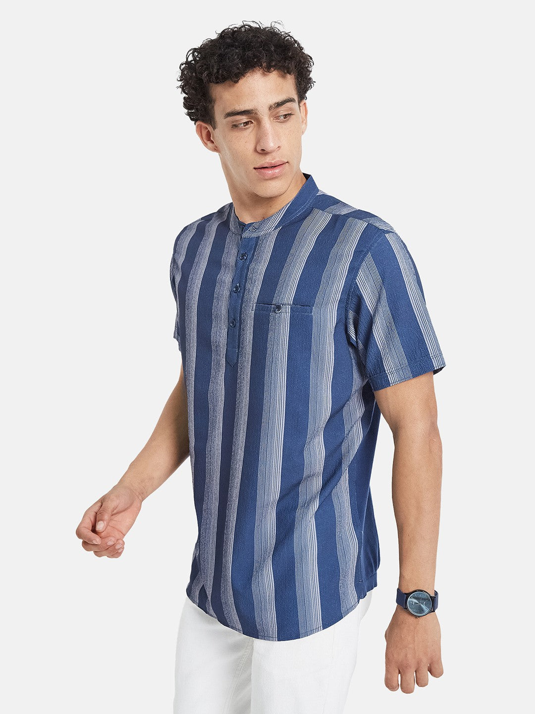 METTLE Men Striped Mandarin Collar Cotton T-shirt