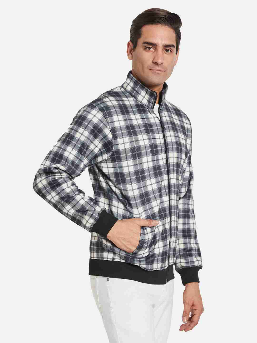 Octave Men Checked Mandarin Collar Front-Open Sweatshirt