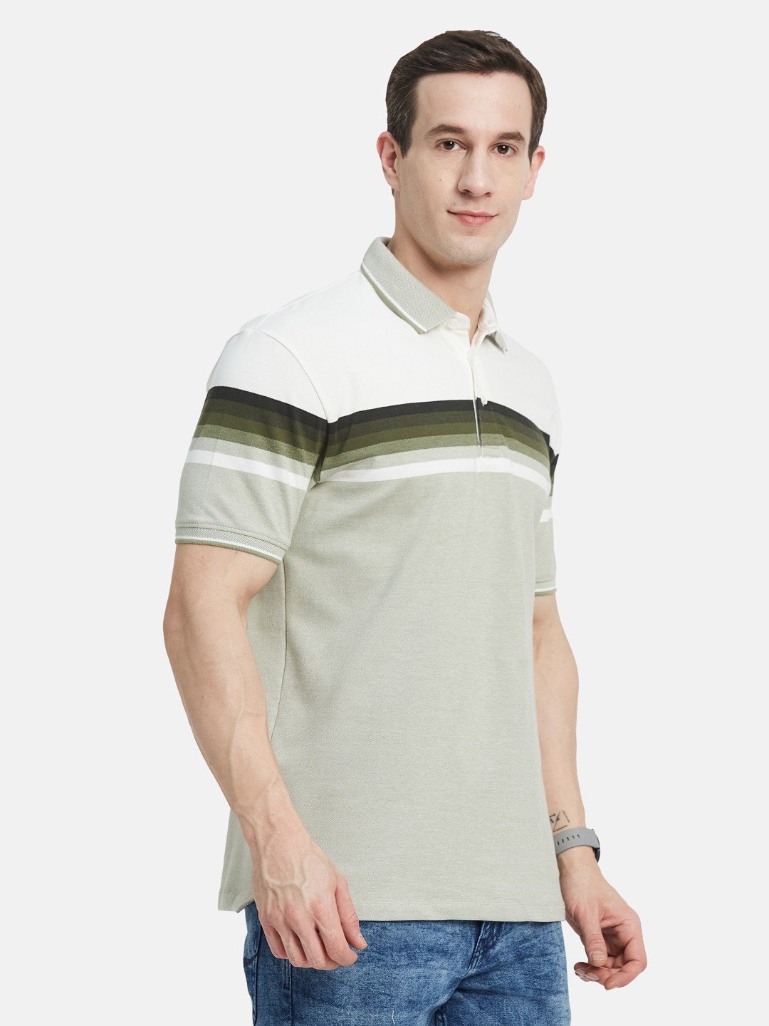 HORIZONTAL STRIPE POLO NECK PIQUE LYCRA T-SHIRT