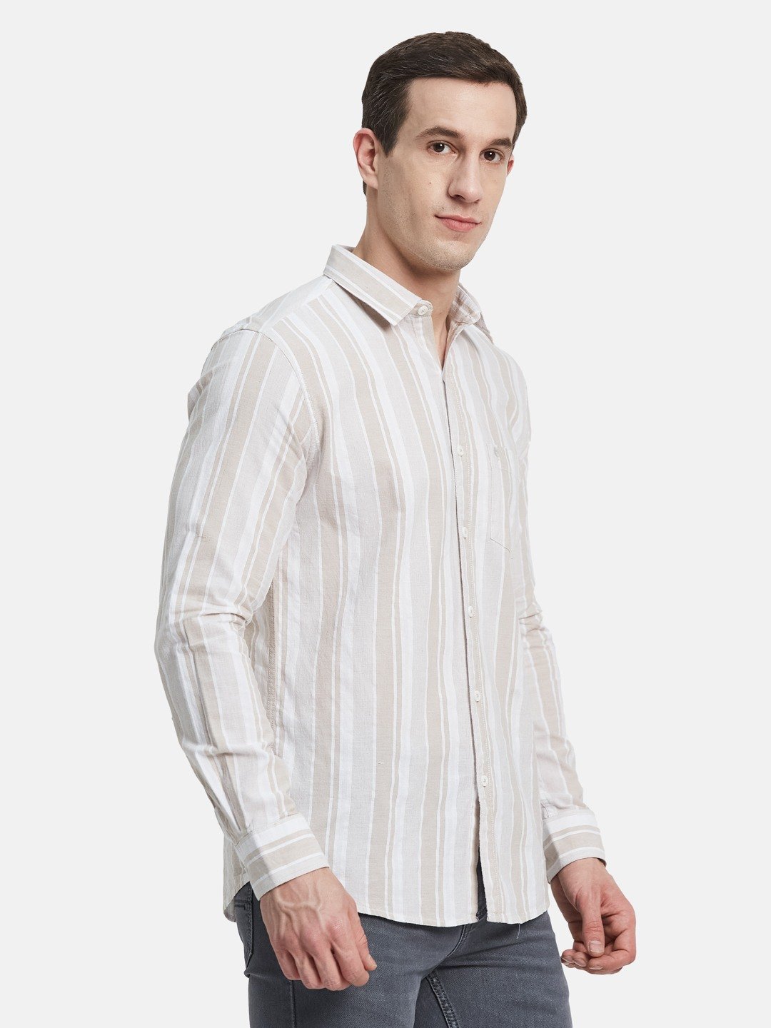 METTLE Men Spread Collar Vertical Striped Cotton Casual Shirt