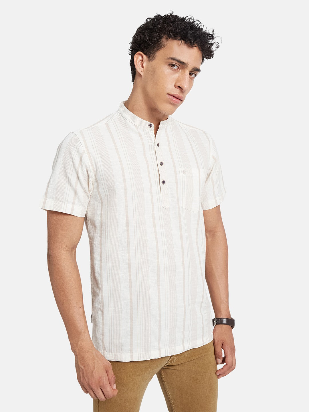 METTLE Striped Mandarin Collar Casual Cotton Shirt