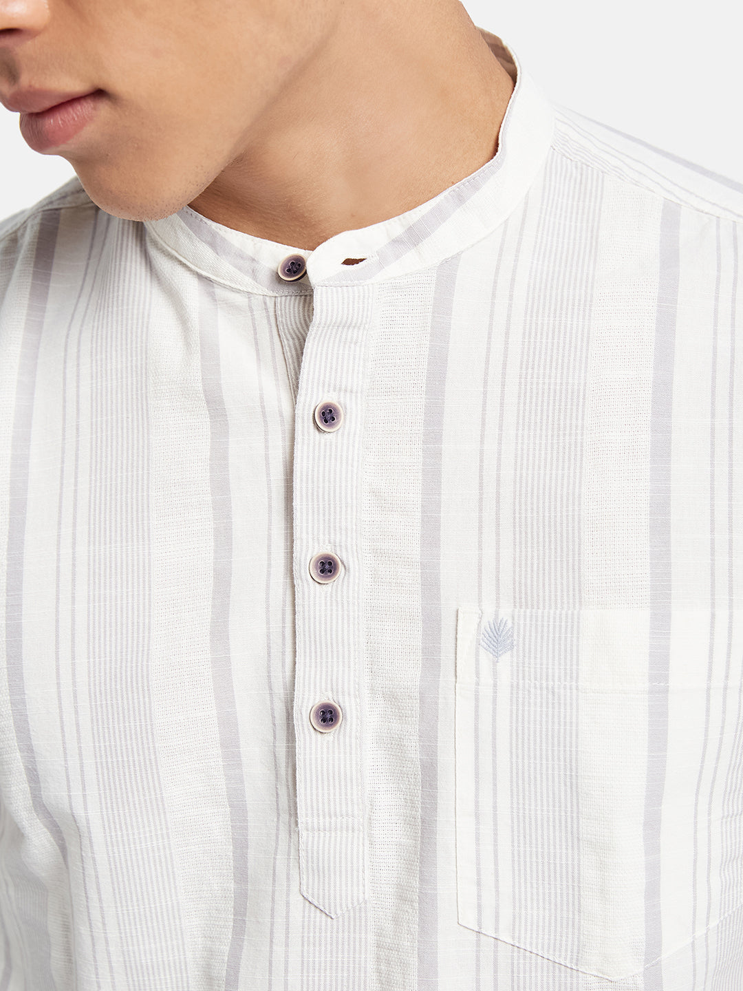 METTLE Striped Mandarin Collar Cotton Casual Shirt