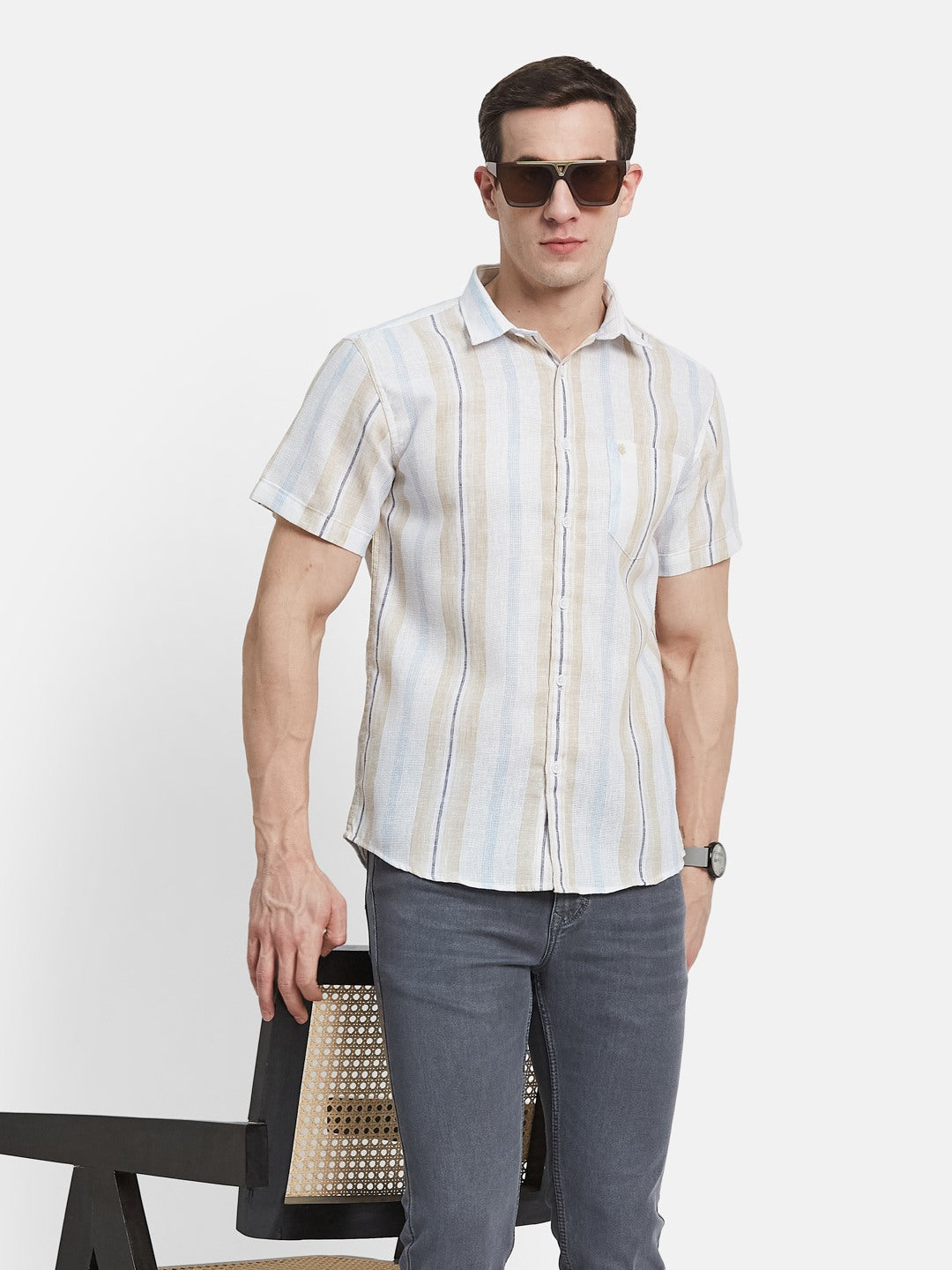 METTLE Men Spread Collar Vertical Striped Cotton Casual Shirt