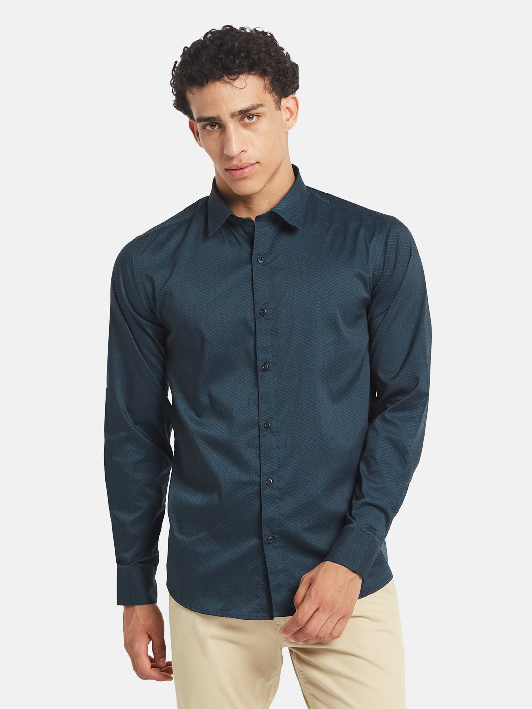 METTLE Men Textured Spread Collar Cotton Casual Shirt