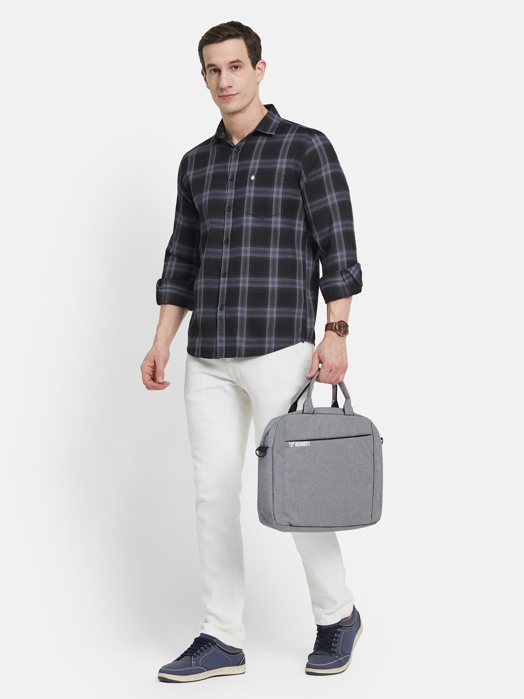 METTLE Men Spread Collar Buffalo Checked Cotton Casual Shirt